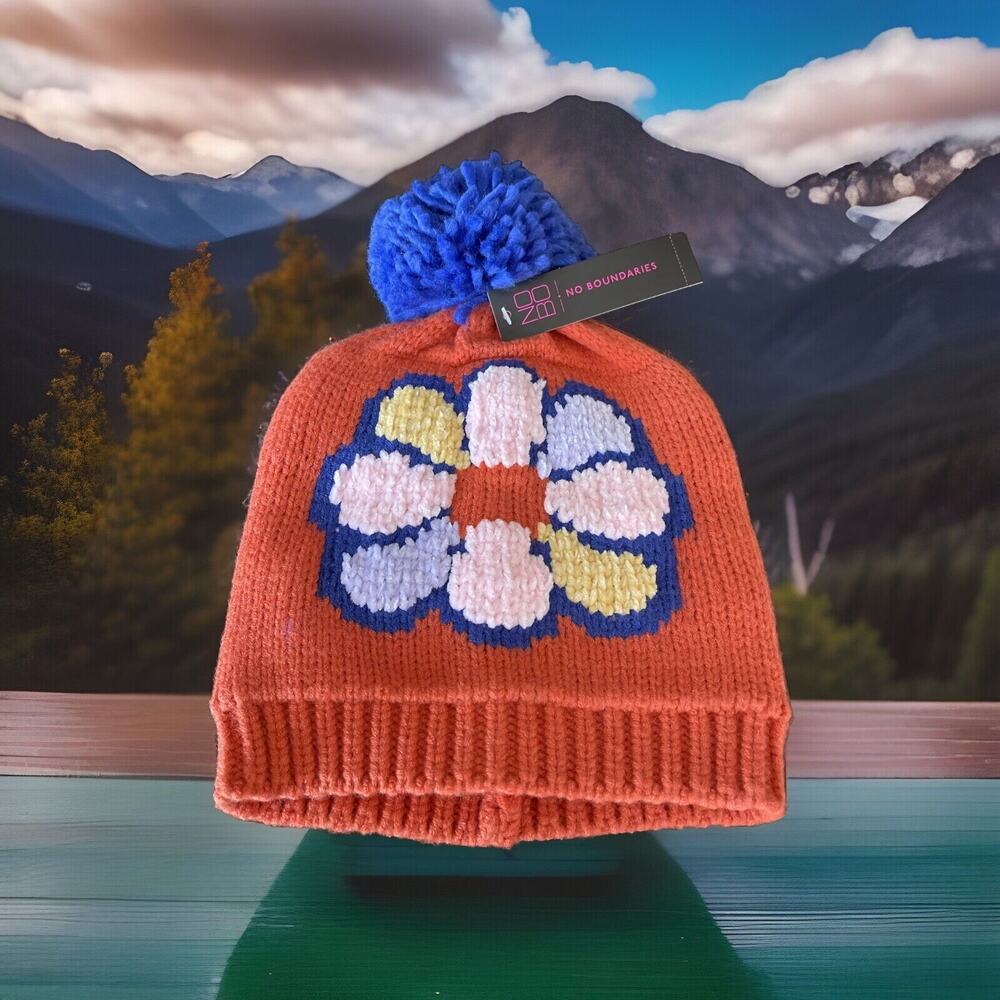 No Boundaries Orange Flower Beanie with Pom Pom Adult one size